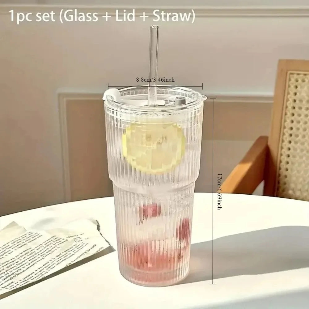 600ml Stripe Glass Cup with Lid and Straw Transparent Drinking