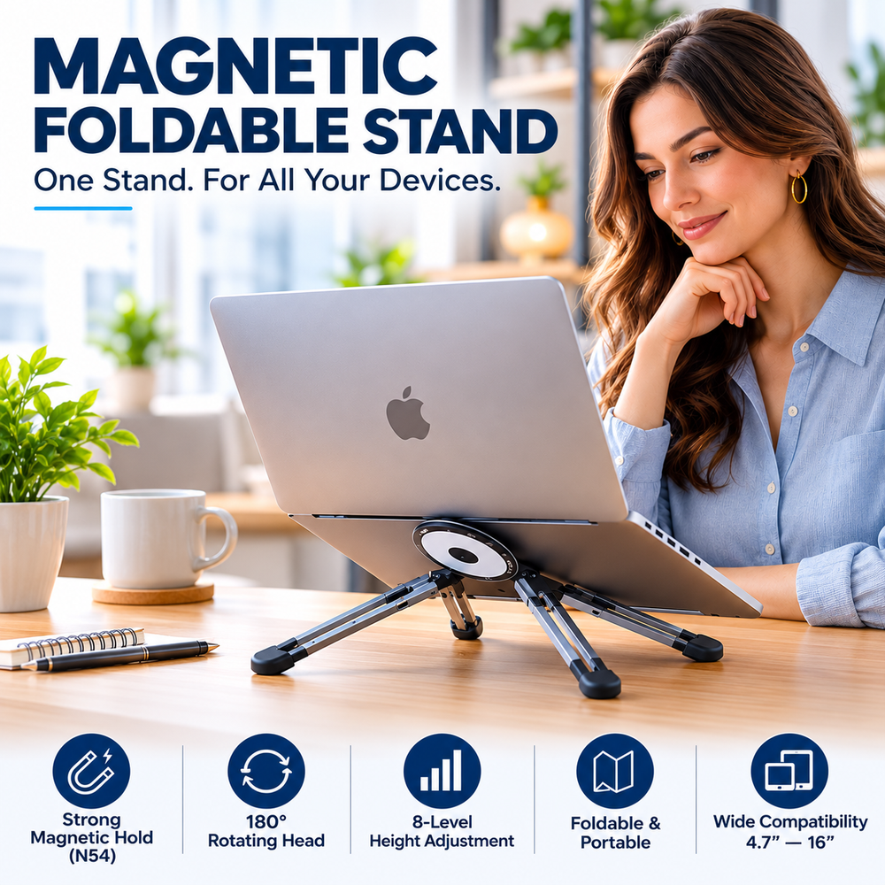NESTAURA 3-in-1 Magnetic Foldable Laptop, Tablet & Phone Stand – Adjustable Portable Tripod