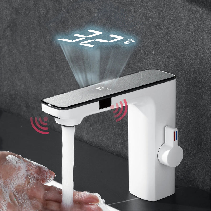 White intelligent brass bathroom faucet induction design LED light