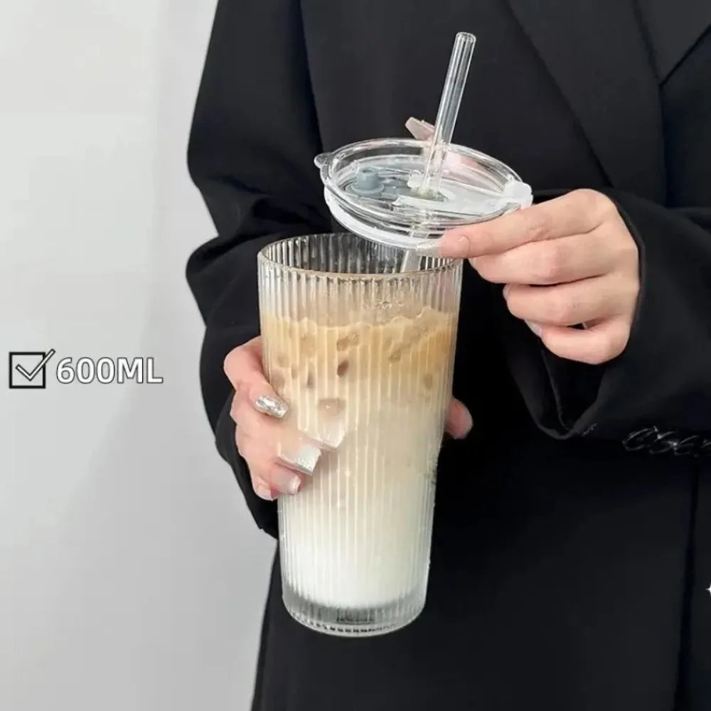 600ml Stripe Glass Cup with Lid and Straw Transparent Drinking