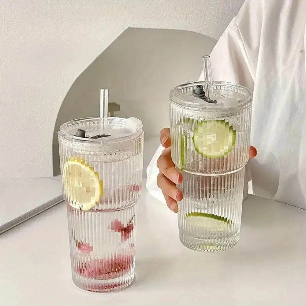 600ml Stripe Glass Cup with Lid and Straw Transparent Drinking
