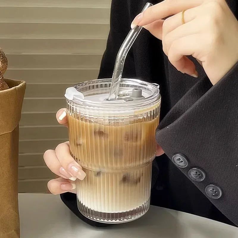 600ml Stripe Glass Cup with Lid and Straw Transparent Drinking