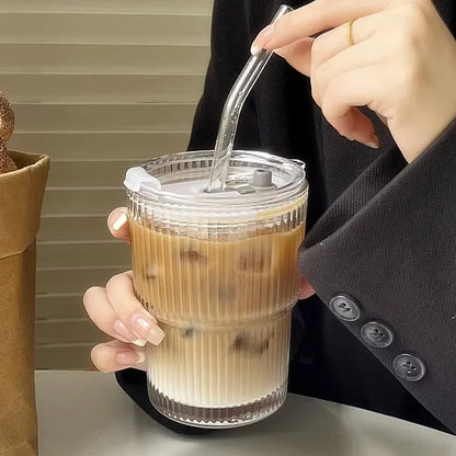 600ml Stripe Glass Cup with Lid and Straw Transparent Drinking