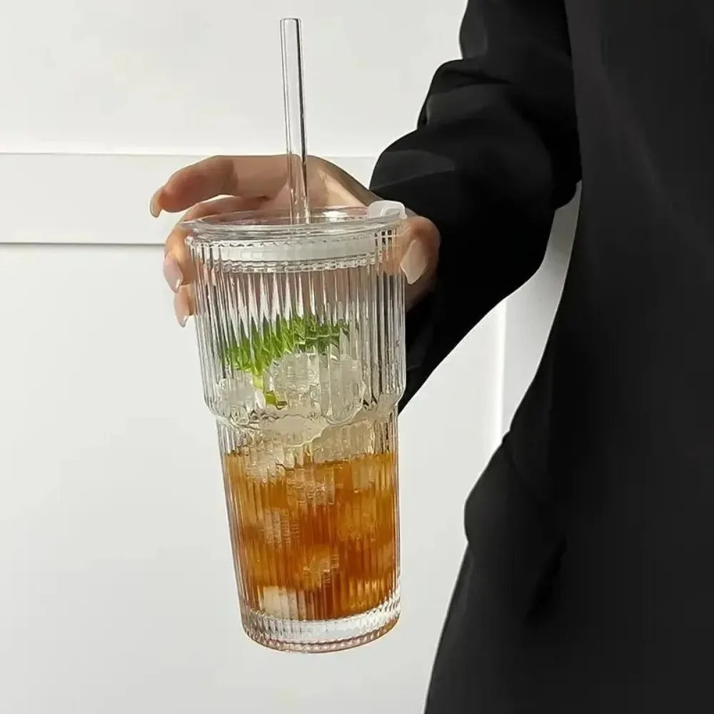 600ml Stripe Glass Cup with Lid and Straw Transparent Drinking