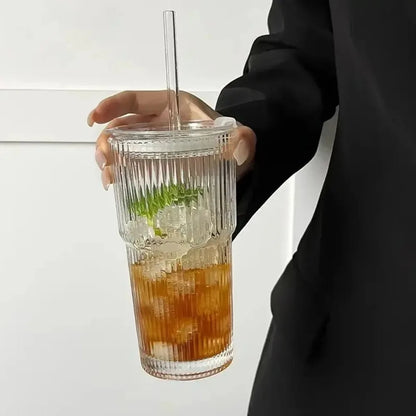 600ml Stripe Glass Cup with Lid and Straw Transparent Drinking