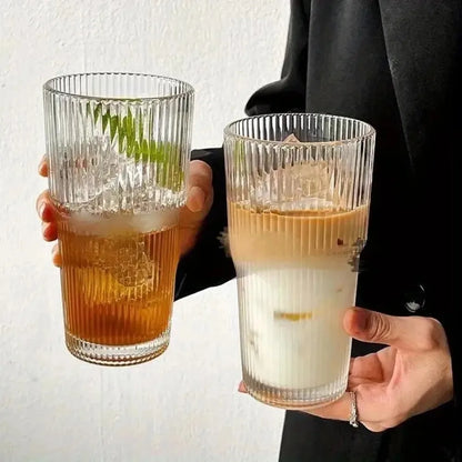 600ml Stripe Glass Cup with Lid and Straw Transparent Drinking
