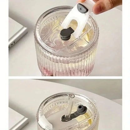 600ml Stripe Glass Cup with Lid and Straw Transparent Drinking