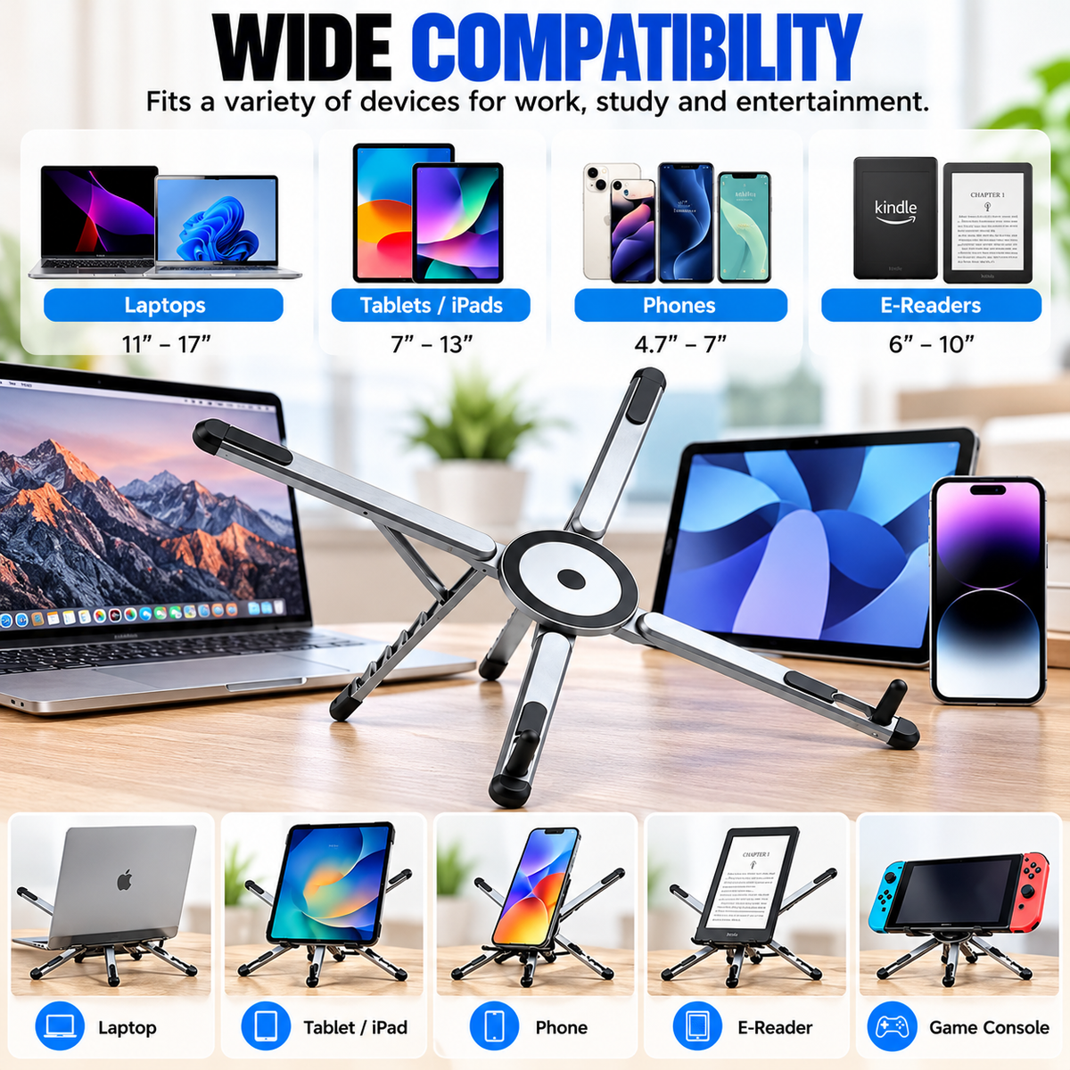 NESTAURA 3-in-1 Magnetic Foldable Laptop, Tablet & Phone Stand – Adjustable Portable Tripod